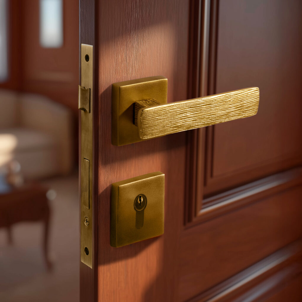 Groove Mortise brass door handle from Tattva art hardware by Mukul Goyal